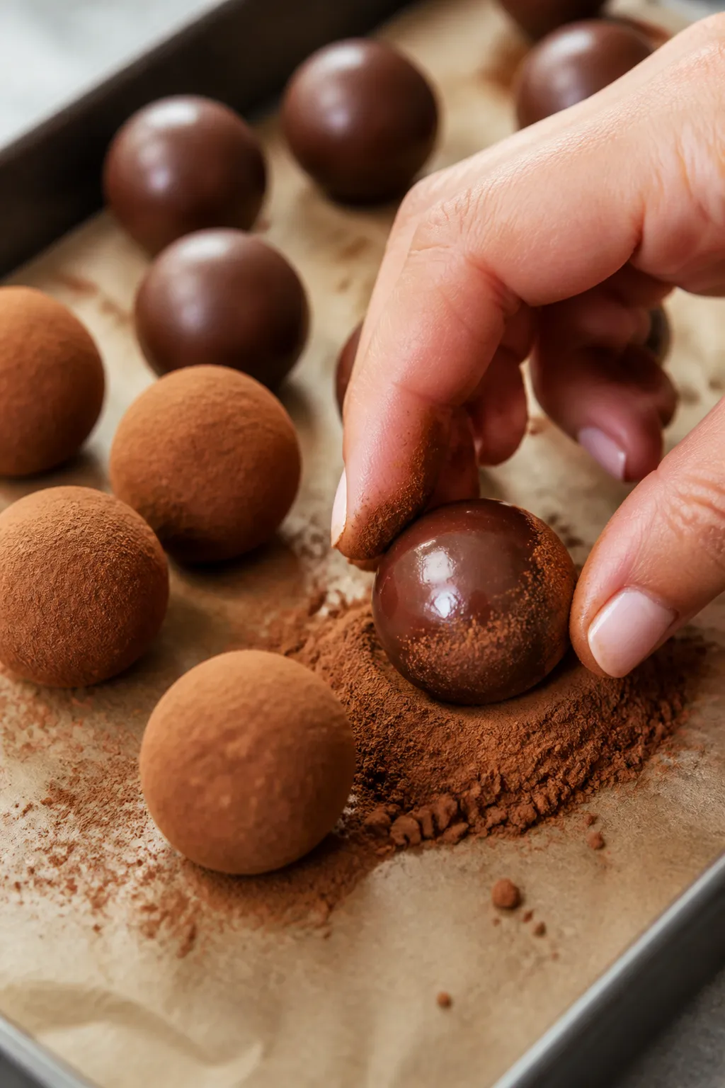 Close-up detail: A tray of chilled chocolate cheesecake fat bomb bites being rolled into smooth 1–