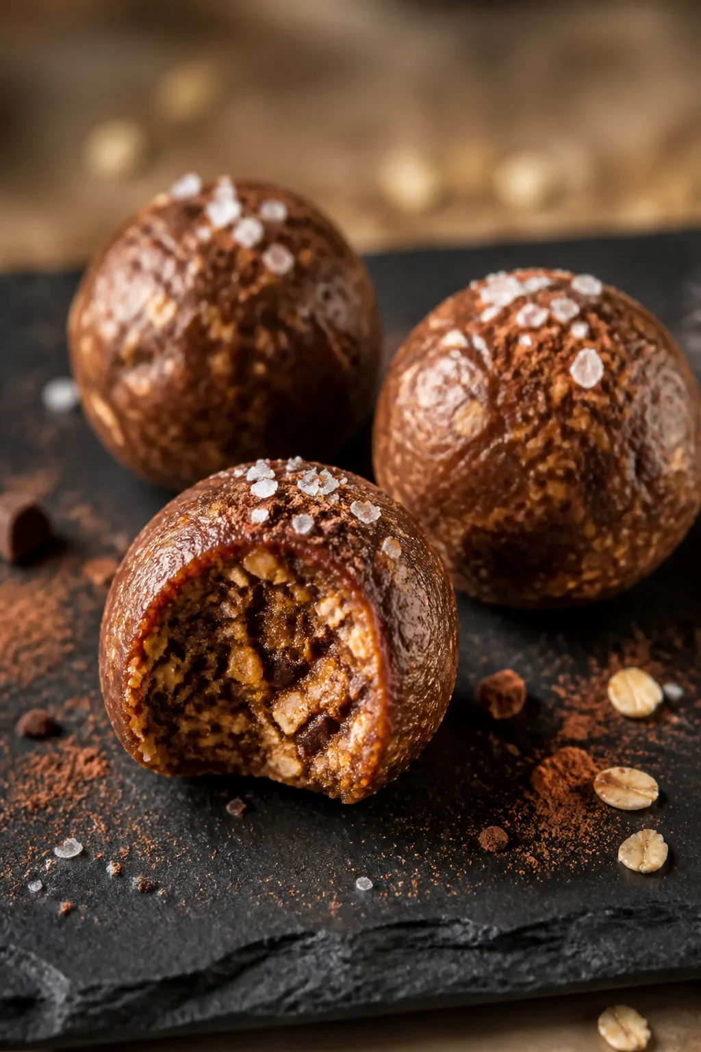 Close-up detail: A trio of finished caramel protein balls, one bitten open to reveal the soft, chewy