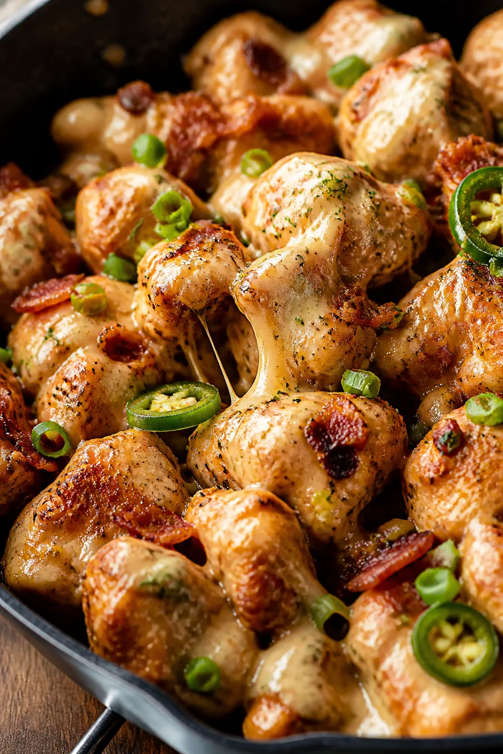 Close-up detail: Bacon-fat seared chicken bites coated in glossy keto ranch, with melted cheddar str