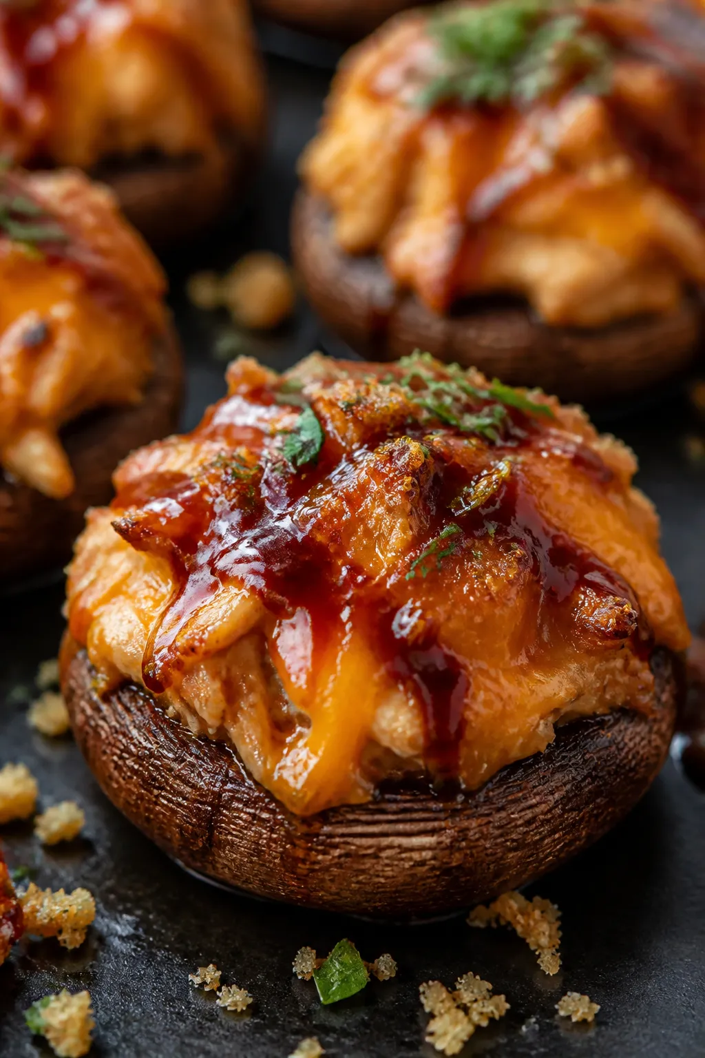 Close-up detail: BBQ chicken stuffed mushroom just out of the oven, golden set top with melted sharp