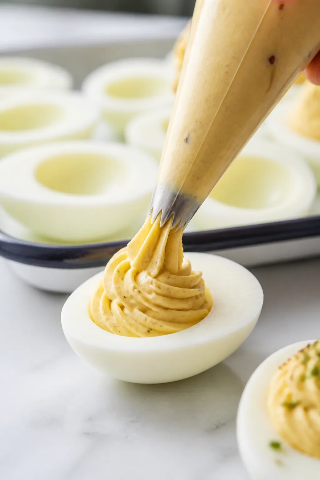 Close-up detail: Creamy high-protein keto deviled egg filling being piped into glossy, halved egg wh