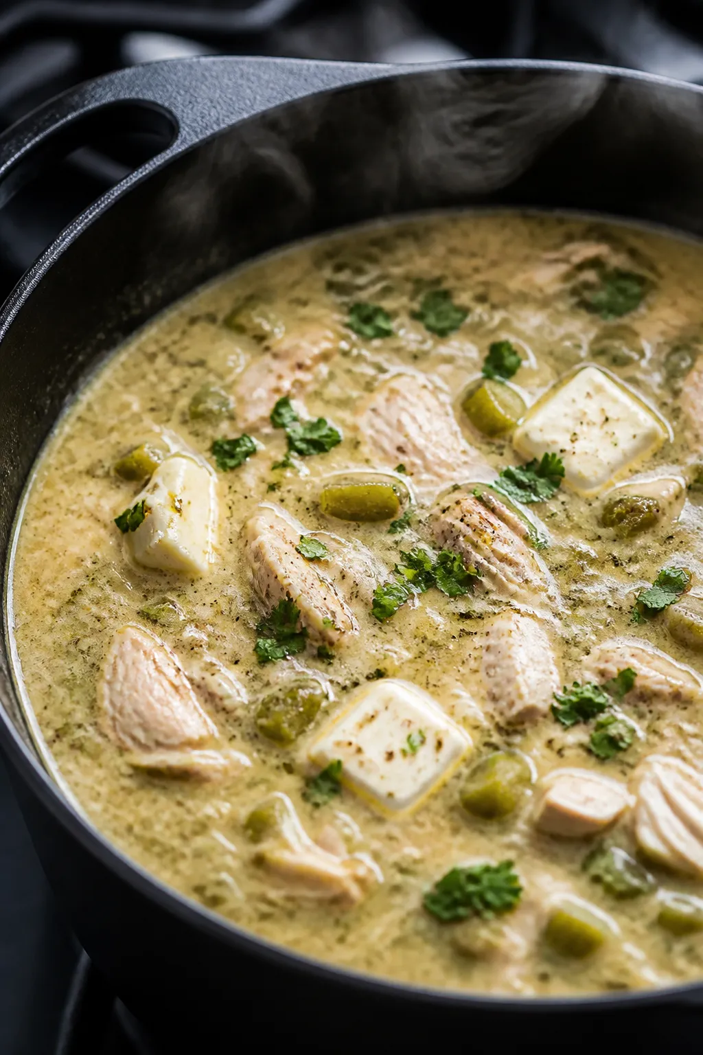Close-up detail: Creamy keto green chile chicken chili simmering in a matte black Dutch oven, tender