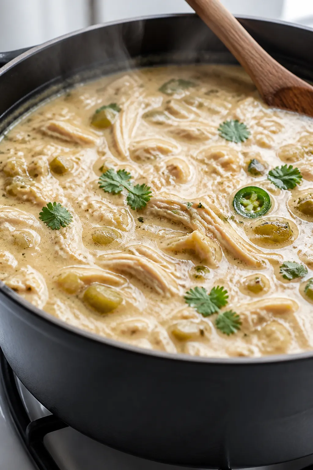 Close-up detail: Creamy keto white chicken chili simmering in a matte black Dutch oven, shredded chi