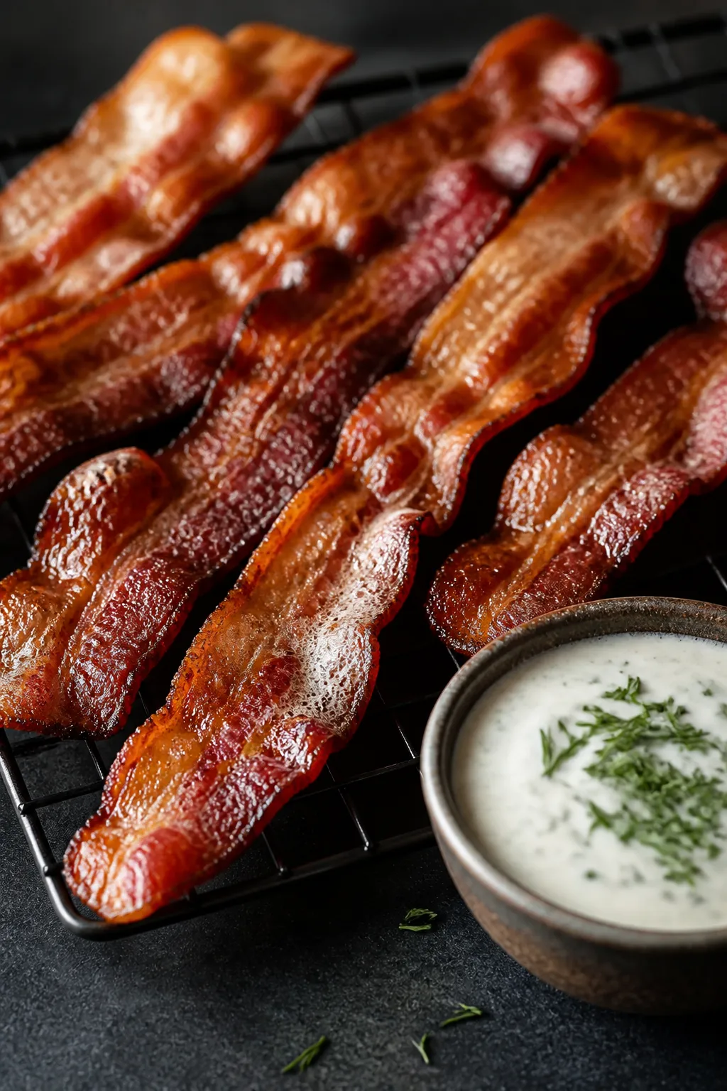 Close-up detail: Crisp bacon cooling on a wire rack with visible bubbles and golden edges, next to a