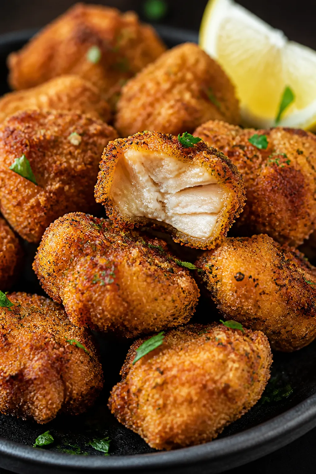 Close-up detail: Crispy Air Fryer Parmesan Chicken Bites just out of the basket at 390°F, golden-br