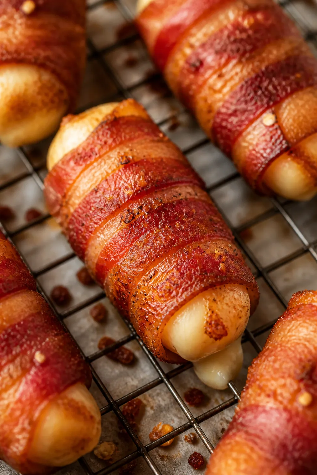 Close-up detail: Crispy bacon-wrapped mozzarella sticks just out of the air fryer, bacon rendered go