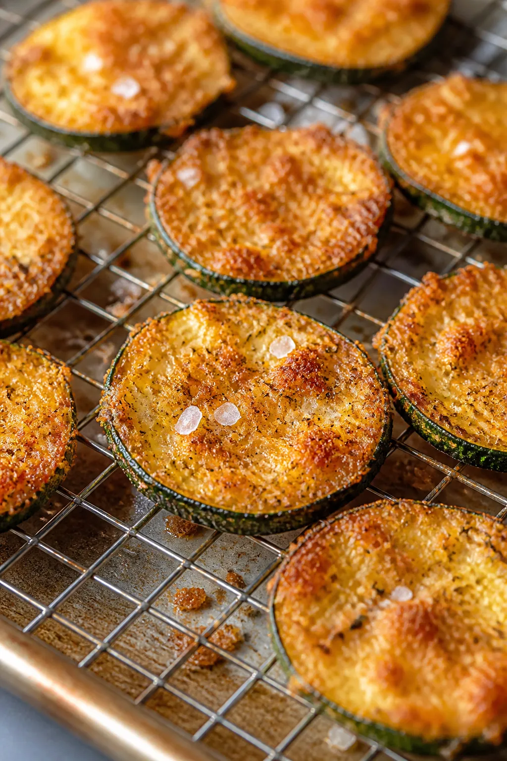 Close-up detail: Crispy Parmesan Zucchini Chips just out of the air fryer, golden-brown rounds with 