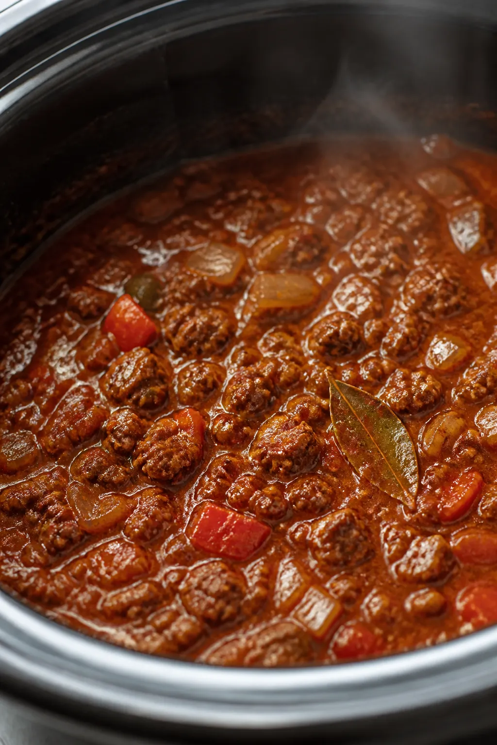 Close-up detail: Crockpot keto chili mid-cook in a slow cooker, surface gently bubbling with glossy,
