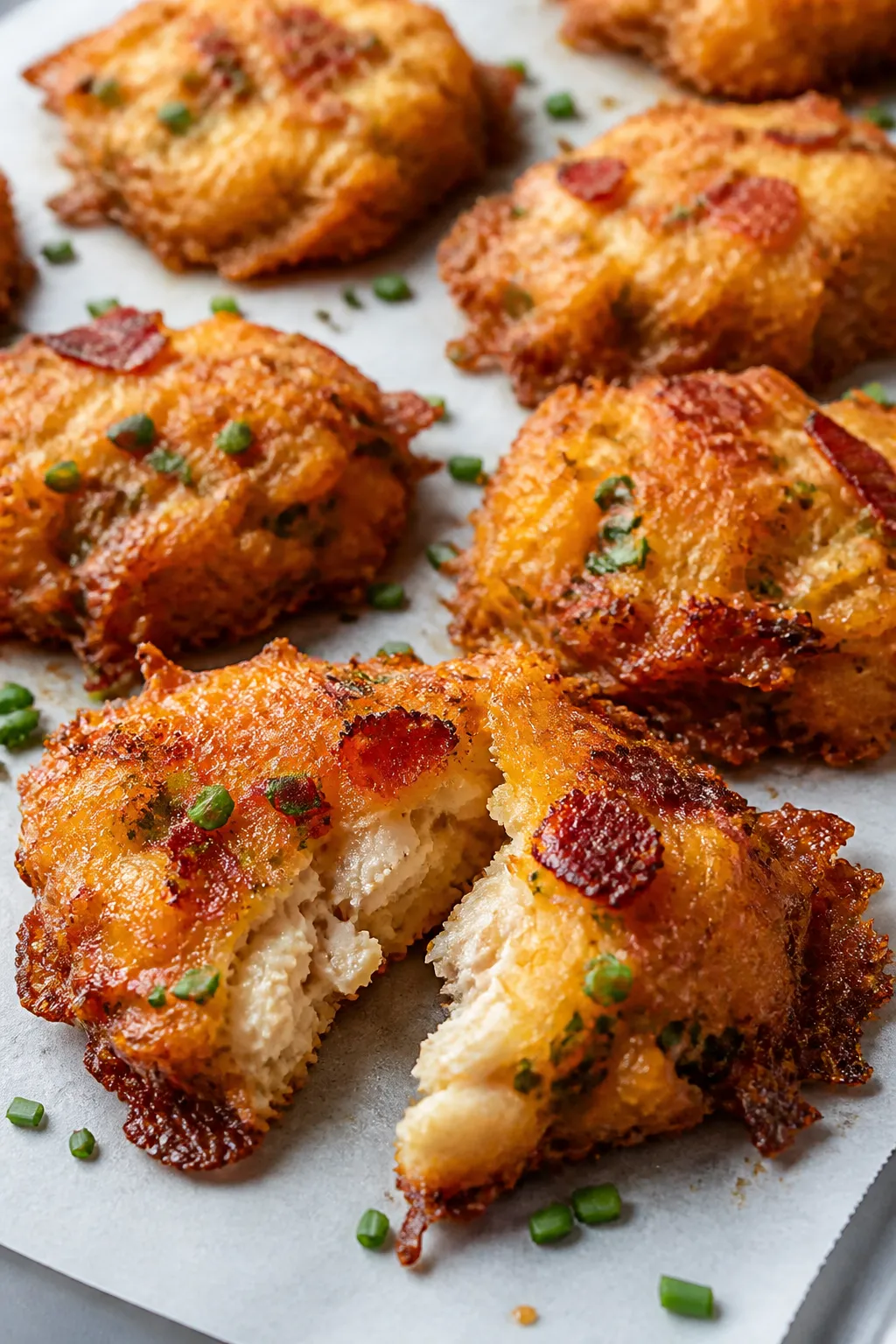 Close-up detail: Freshly baked chicken crack bites just out of the oven on a parchment-lined sheet, 