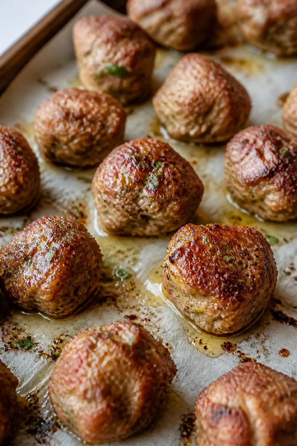 Close-up detail: Freshly baked keto meatball bites resting on a parchment-lined sheet pan just out o