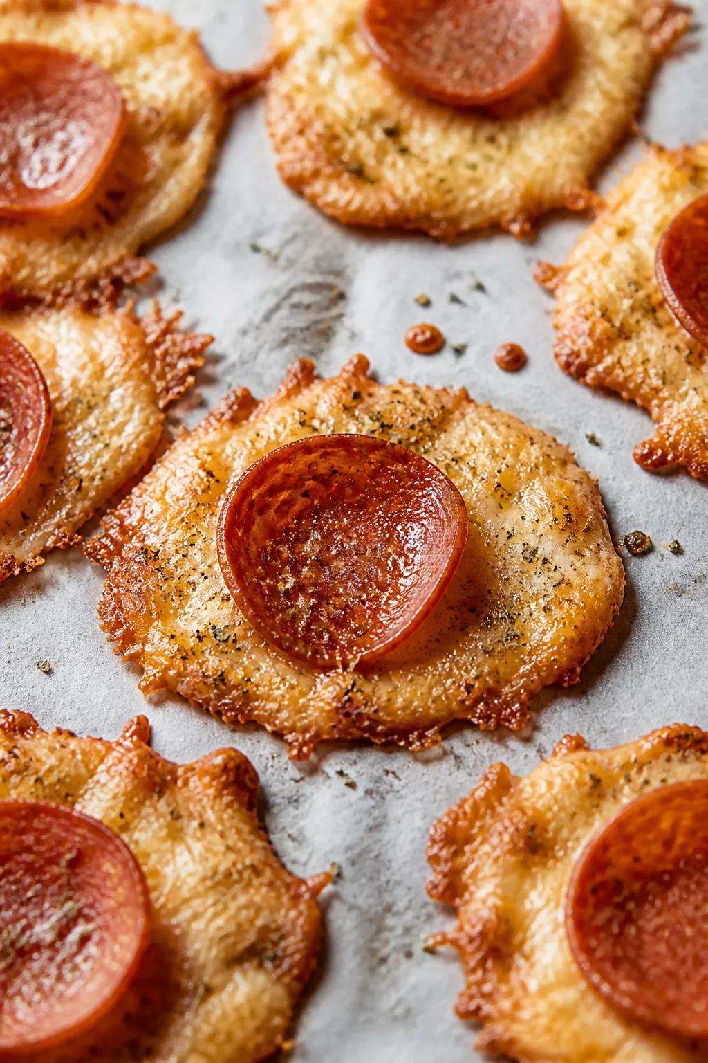 Close-up detail: Freshly baked pepperoni pizza cheese chips cooling on parchment right out of the ov