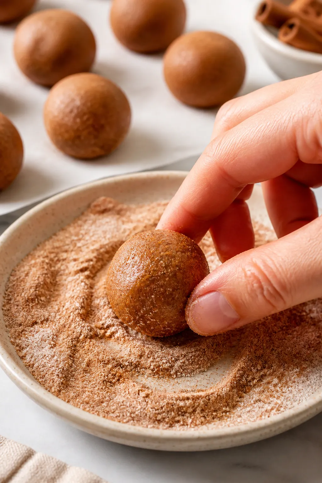 Close-up detail: Freshly rolled keto cinnamon roll protein bites being coated in a cinnamon “sugar