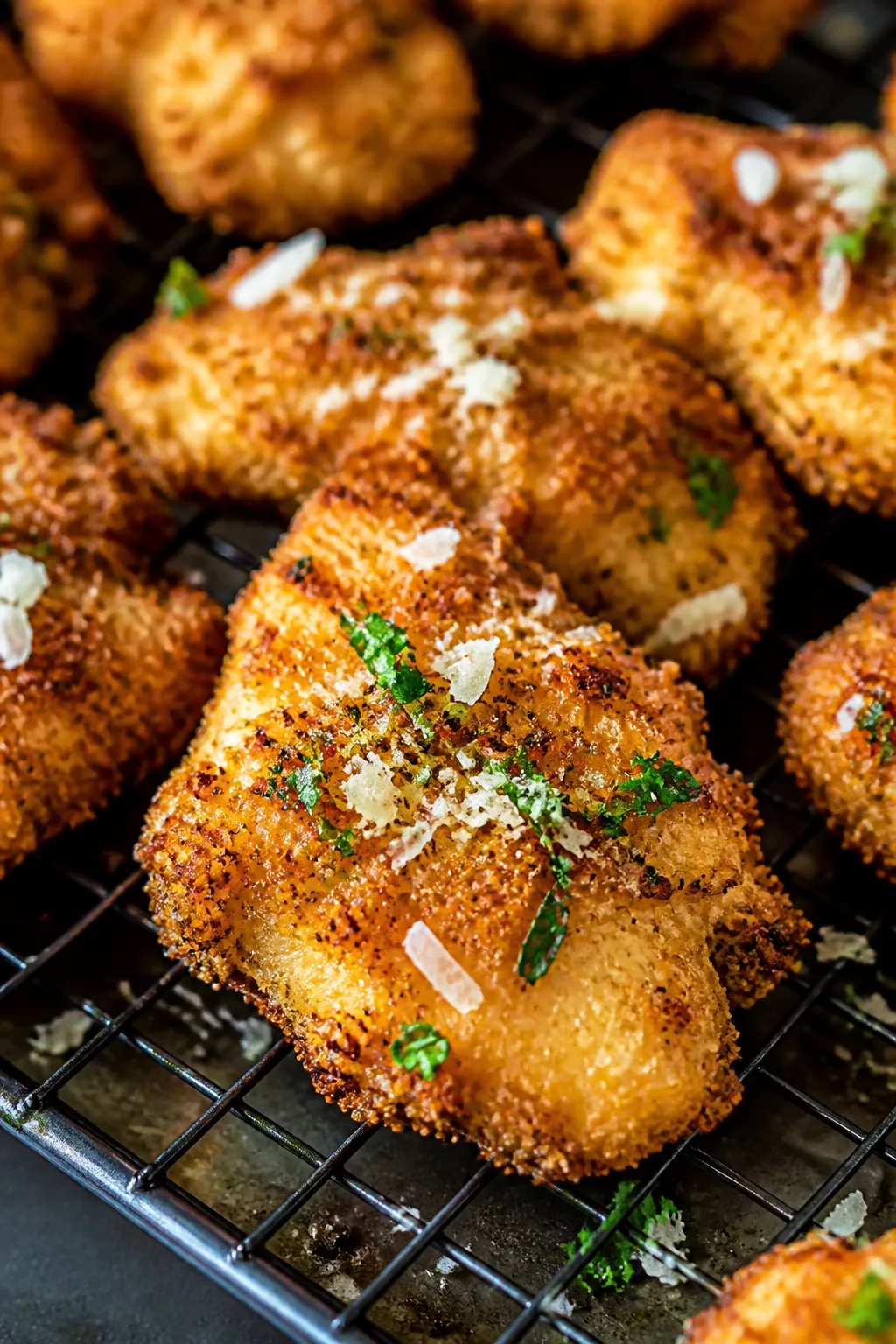 Close-up detail: Golden-brown garlic Parmesan chicken nuggets just out of the air fryer, ultra-crisp
