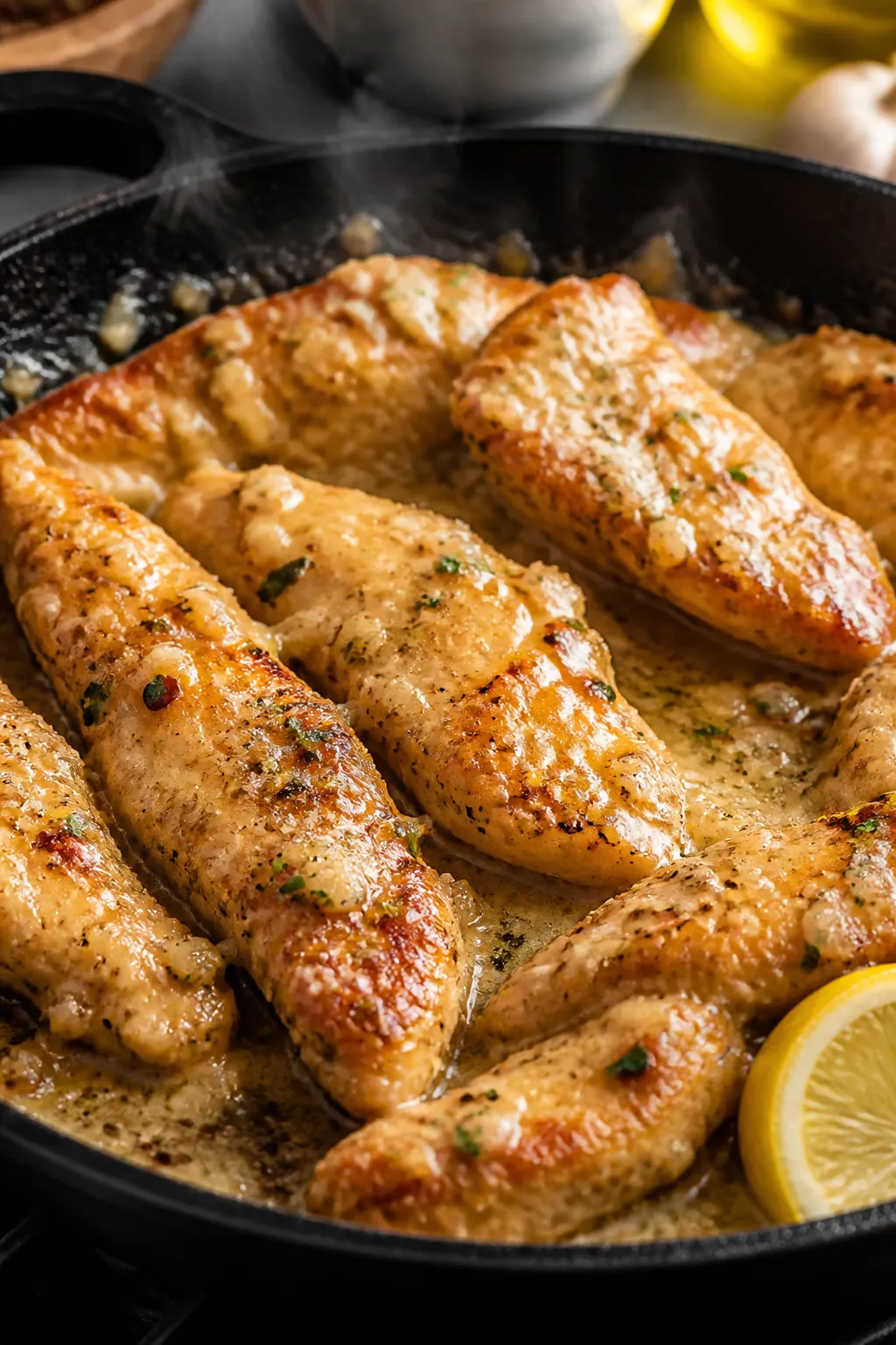 Close-up detail: Golden-brown garlic Parmesan chicken strips just after saucing in the skillet, glos