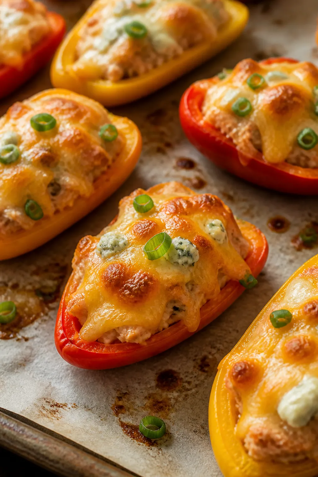 Close-up detail: Golden, bubbly Buffalo Chicken Stuffed Mini Peppers just out of the oven on a parch