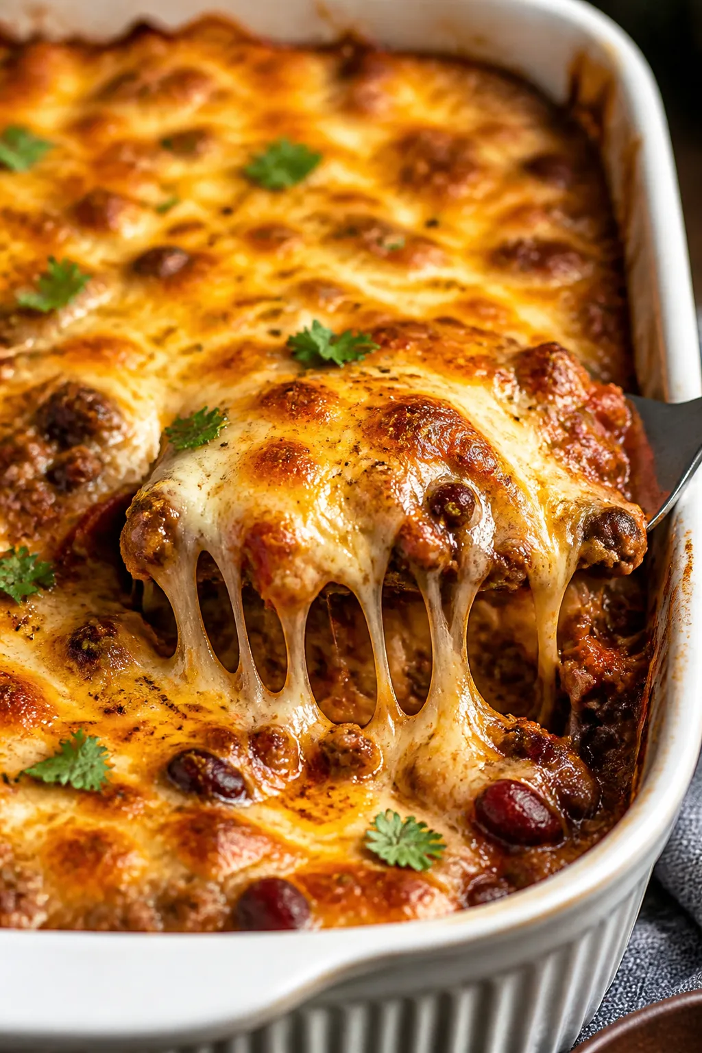 Close-up detail: Golden, bubbly cheese crust on a freshly baked Cheesy Keto Chili Bake in a 9x13 cas