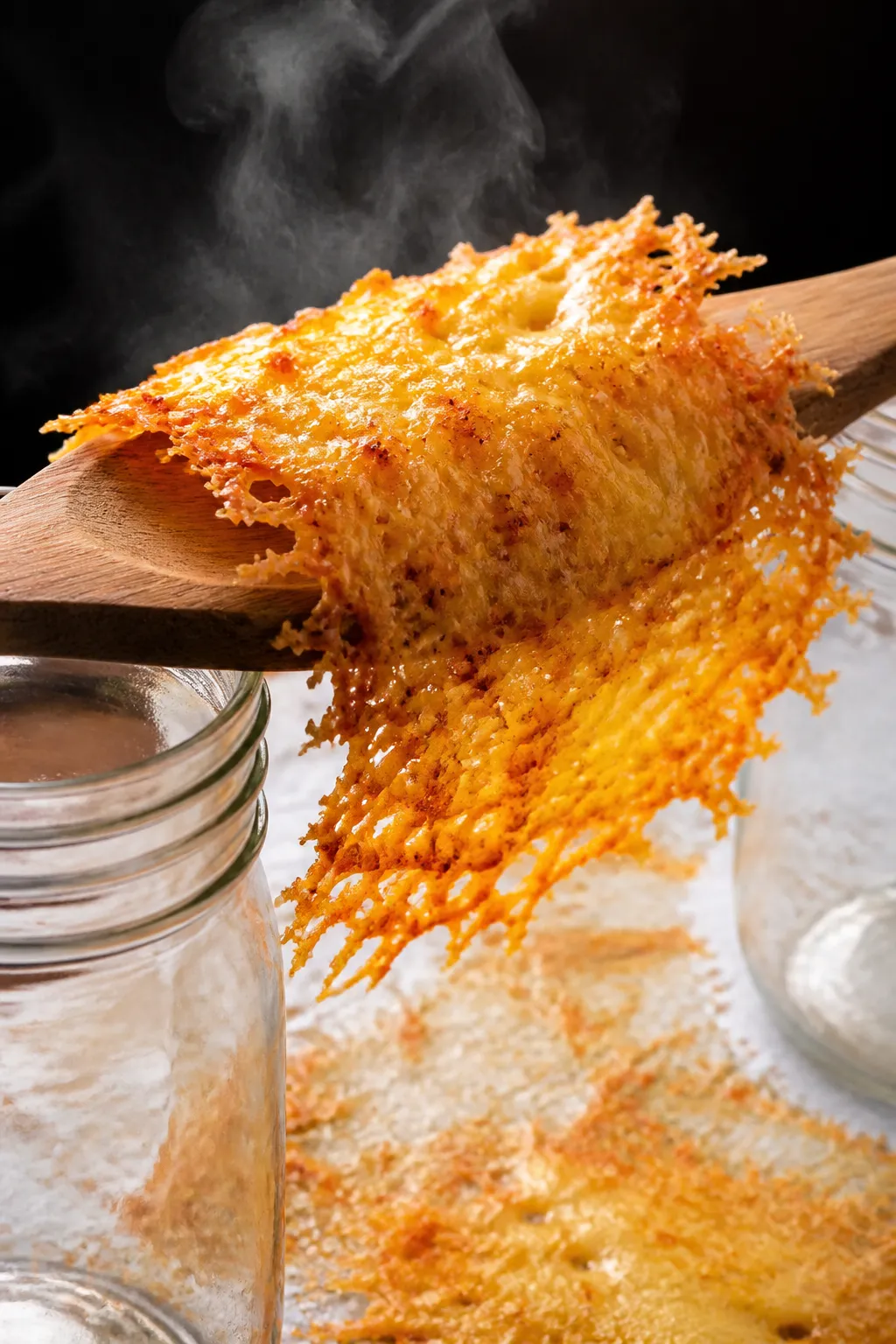 Close-up detail: Golden, lacy-edged cheese taco shell being shaped over a wooden spoon bridge set ac