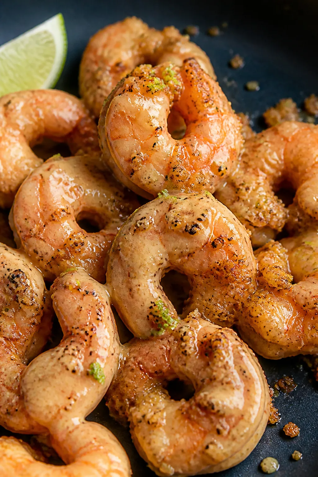 Close-up detail: Golden, pan-fried keto bang bang shrimp just tossed in creamy, glossy sauce, flecks
