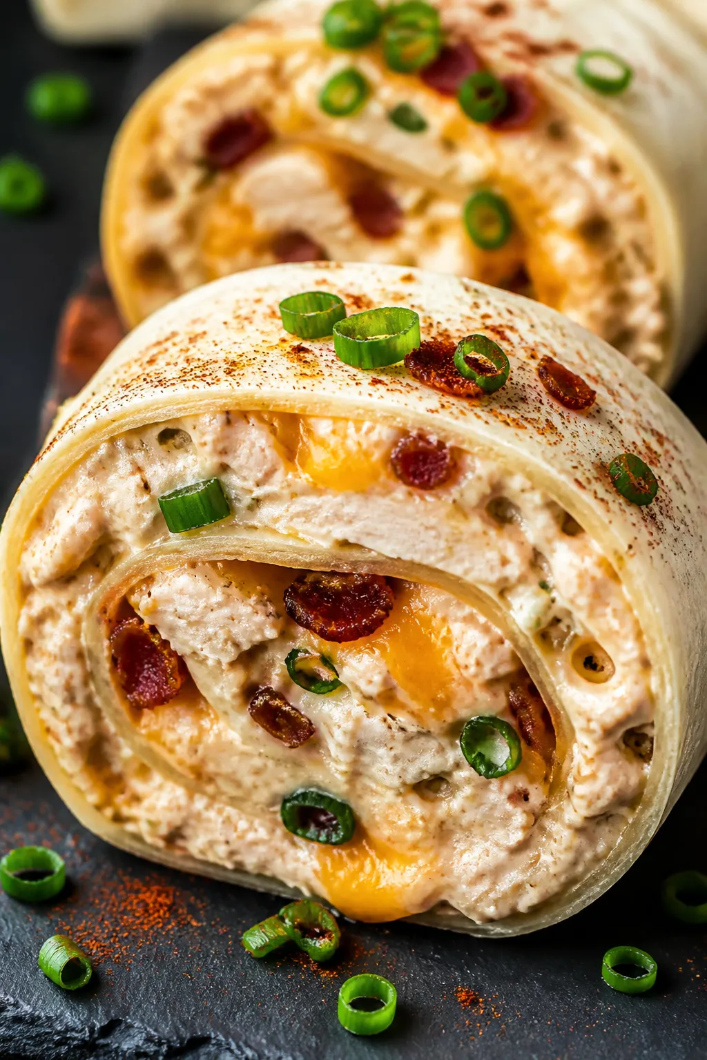 Close-up detail: Keto Chicken Bacon Ranch Pinwheel cross-section freshly sliced, showing creamy ranc