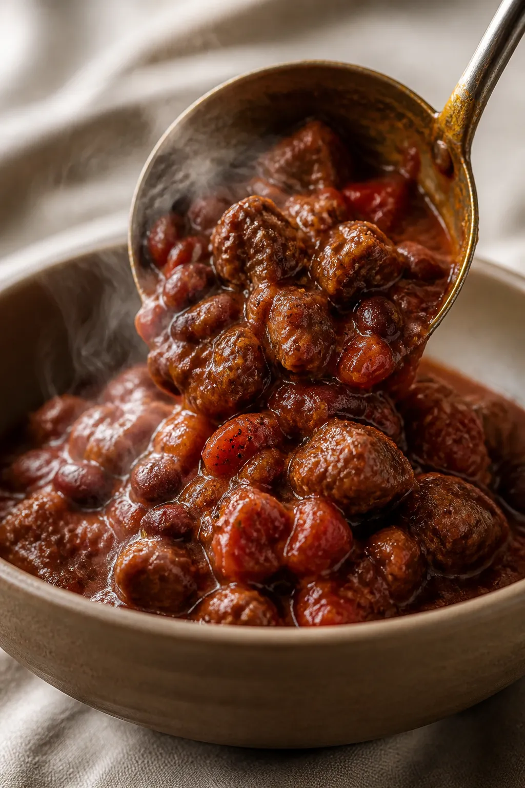 Close-up detail, ladle-to-bowl moment: Ultra close-up of the chili being ladled into a warm ceramic