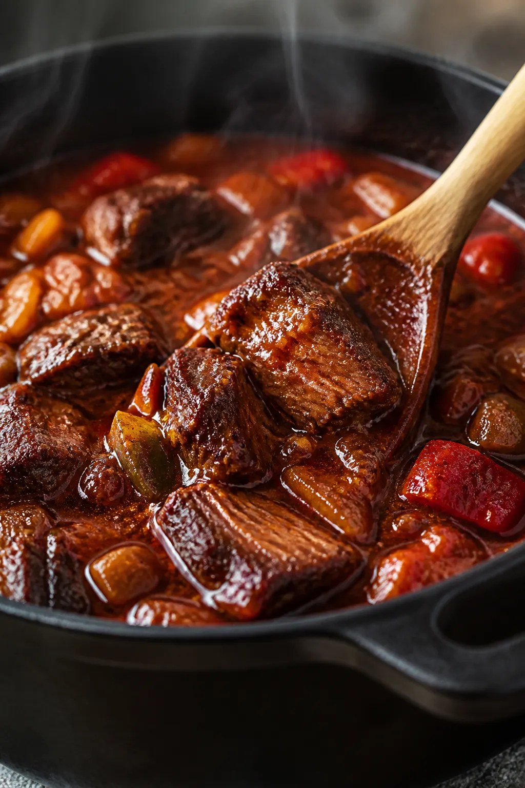 Close-up detail: Melt-in-your-mouth cubes of seared brisket nestled in thick, glossy chili sauce, fl