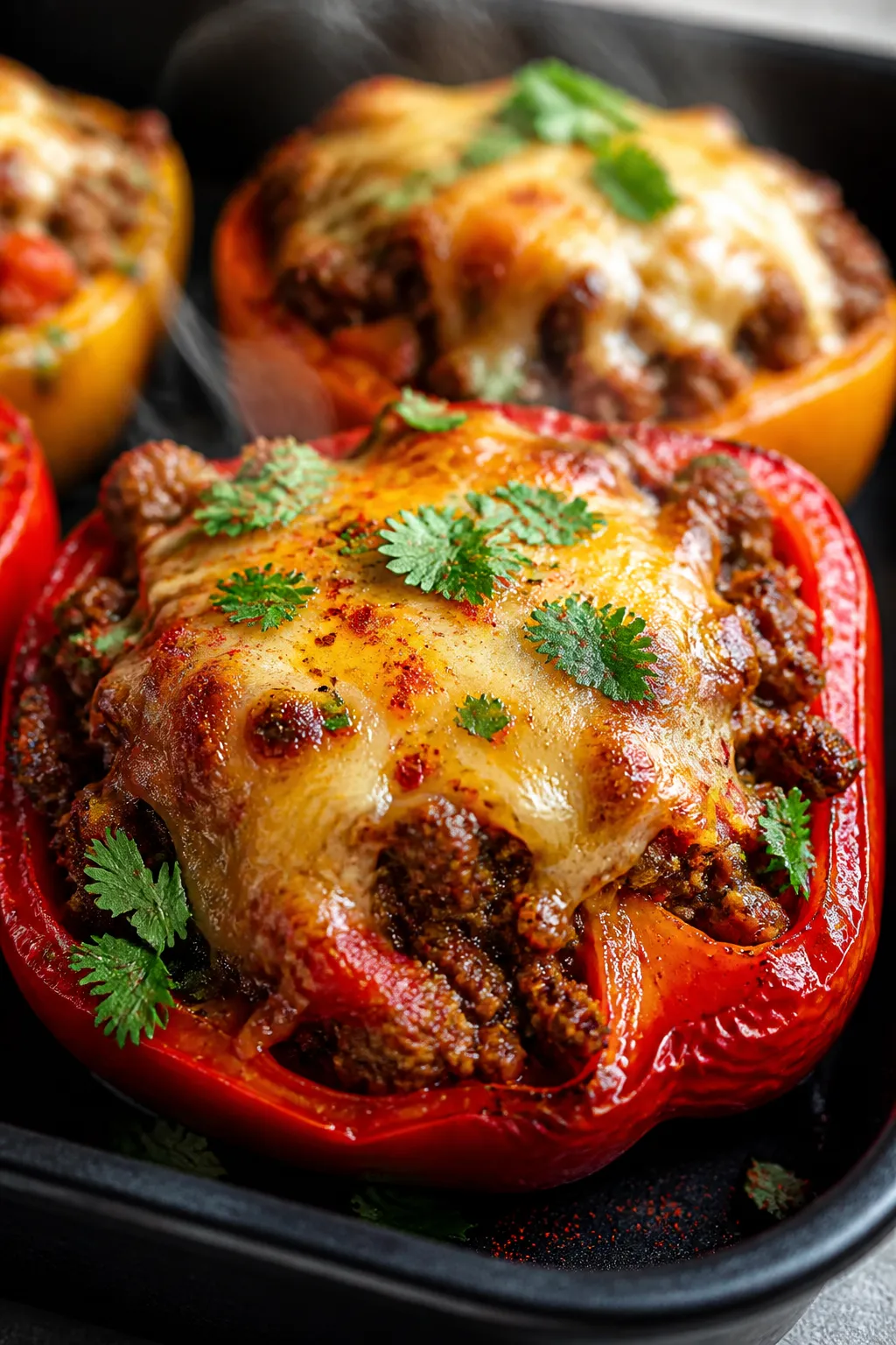 Close-up detail: Melted-cheese-topped keto taco stuffed pepper just out of the oven, bubbling chedda
