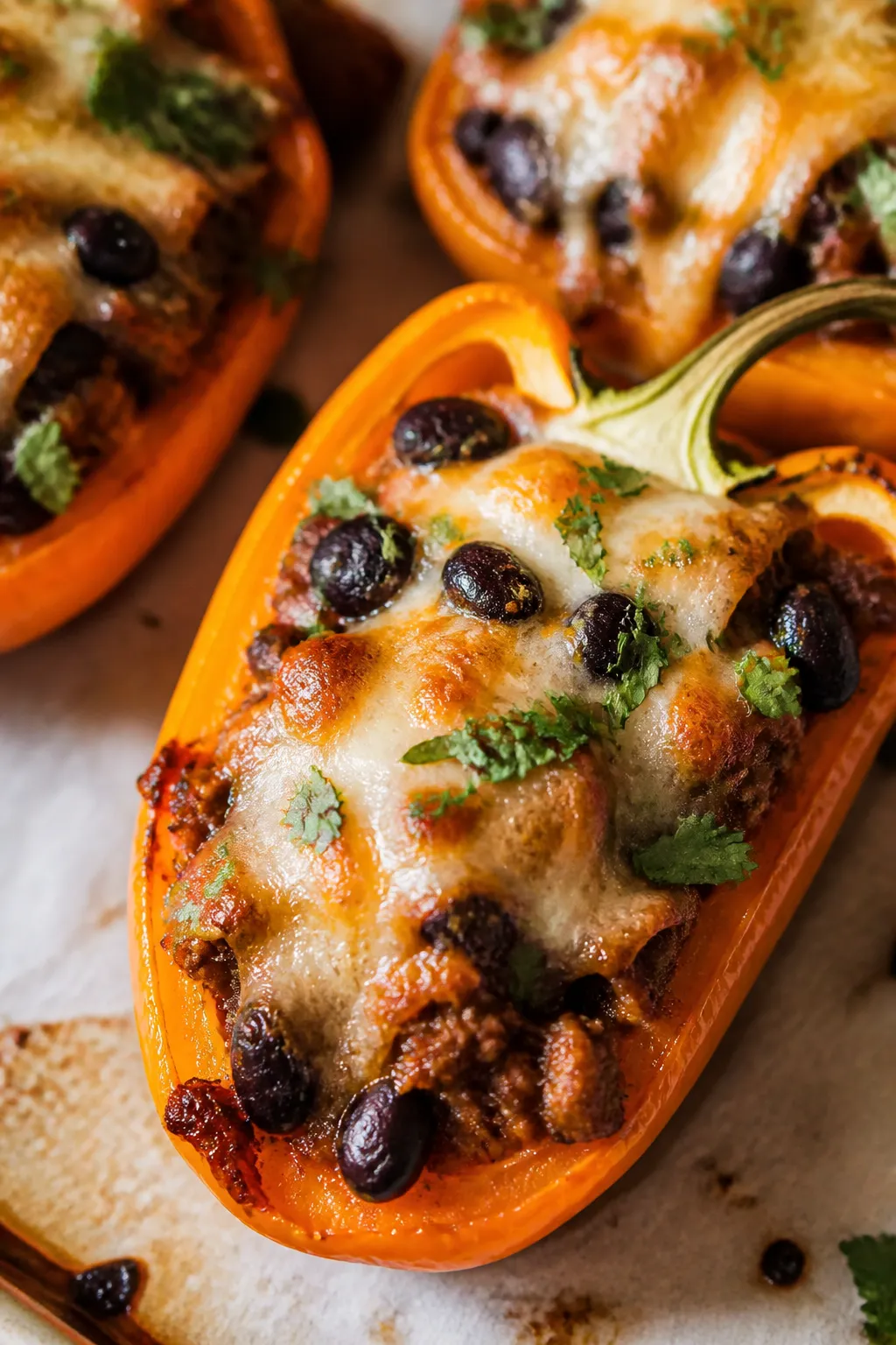Close-up detail: Melty, cheese-topped taco filling nestled inside roasted mini sweet bell pepper hal