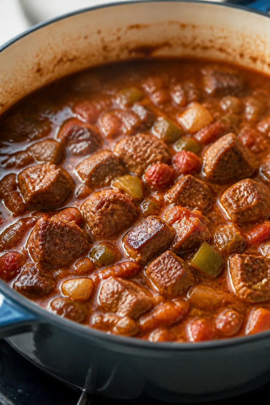 Close-up detail of seared steak chili simmering in a Dutch oven: tender 1-inch steak cubes with deep