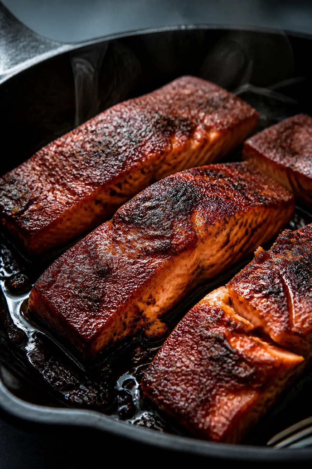 Close-up detail: Searing blackened salmon strips in a cast-iron skillet, spice-crusted surface deepl