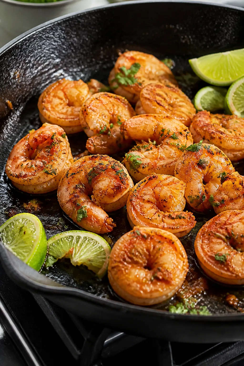 Close-up detail: Searing garlic-lime shrimp in a large skillet over medium-high heat, lightly browne