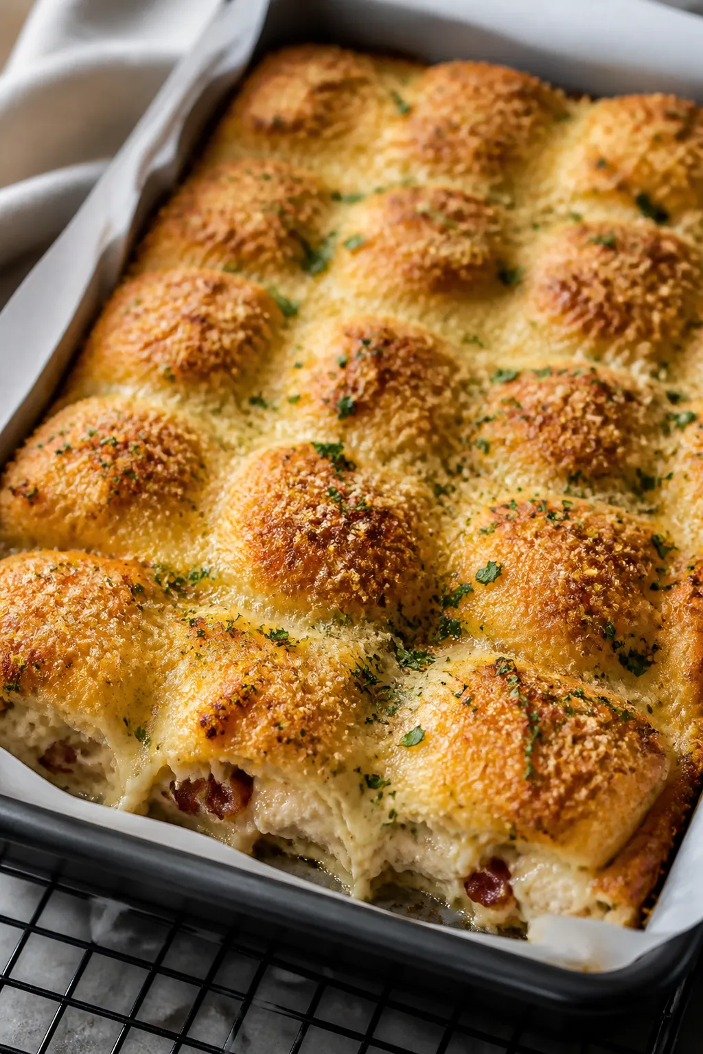 Close-up detail shot: A just-baked pan of Keto Chicken Bacon Ranch Sliders resting on a cooling rack