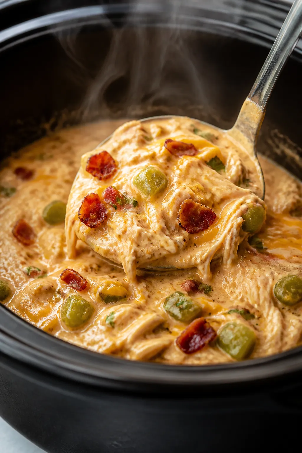 Close-up detail shot: A ladle lifting creamy Keto Crack Chicken Chili from a Dutch oven, showing ten