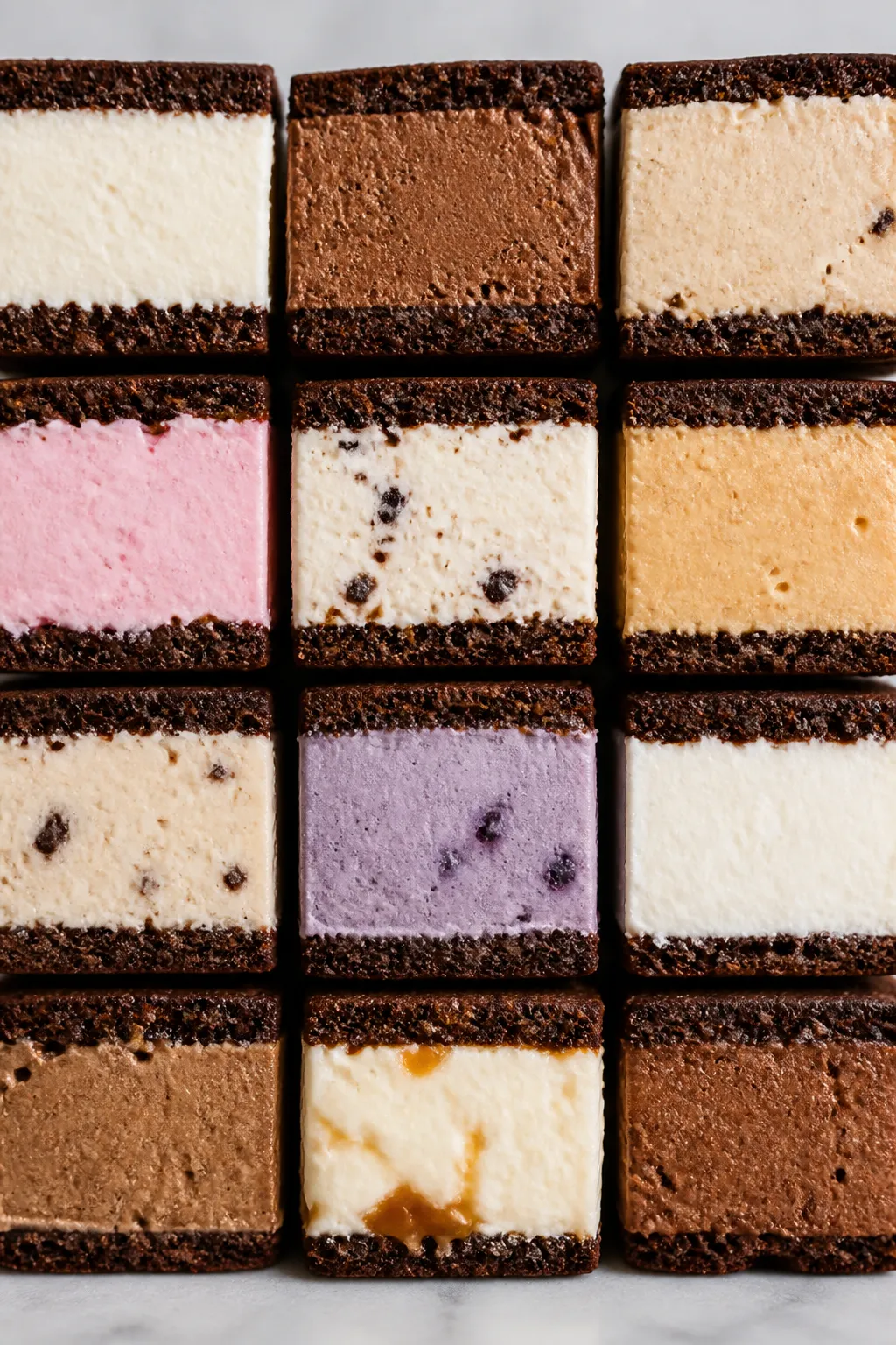 Close-up detail shot: A neat grid of cut high protein keto ice cream sandwich bites, each