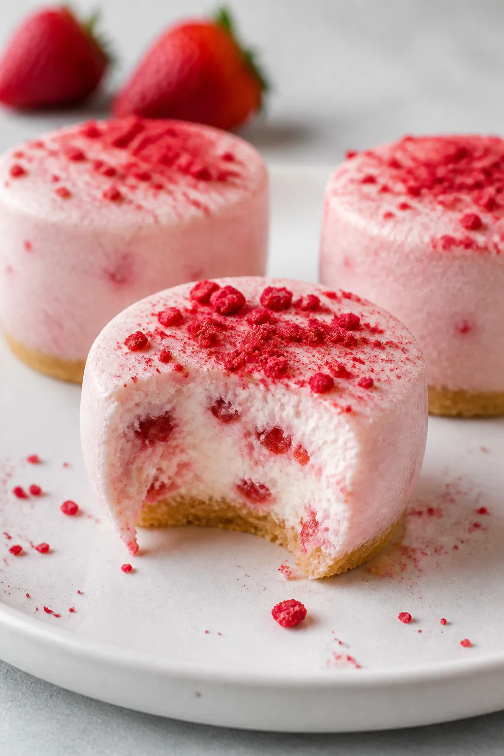 Close-up detail shot: A set creamy strawberry cheesecake fat bomb just out of the freezer, half-bitt