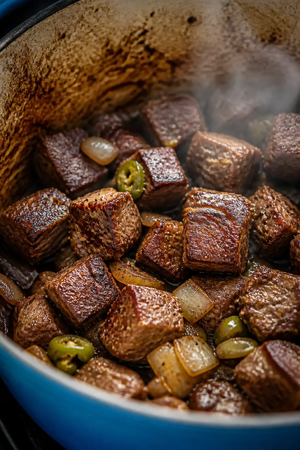 Close-up detail shot: Cubed beef chuck searing in a well-seasoned Dutch oven, deep mahogany crust an