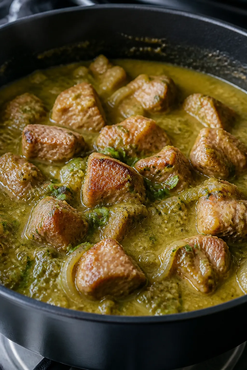 Close-up detail shot: Fork-tender cubes of browned pork shoulder simmering in vibrant verde sauce in