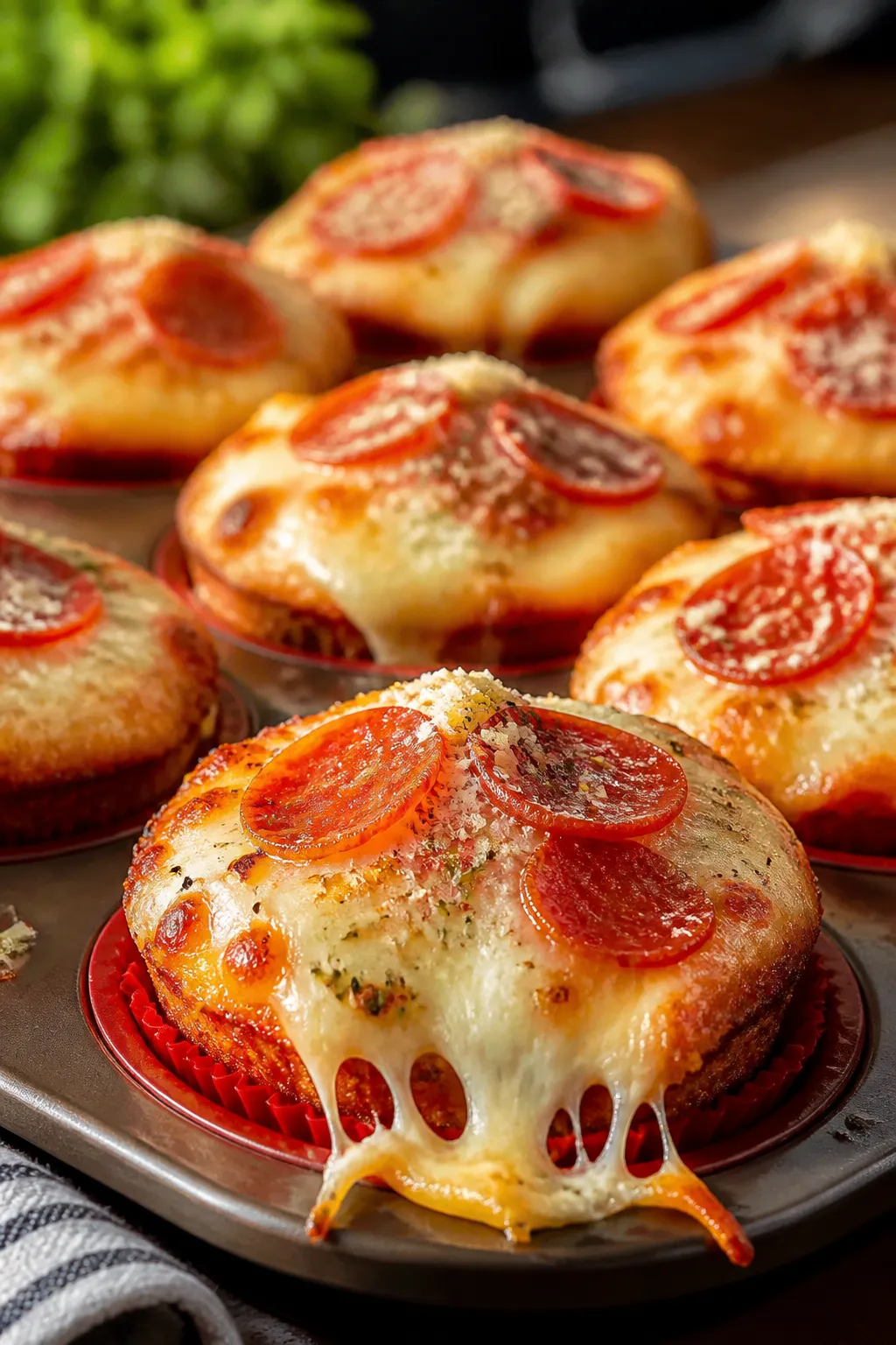 Close-up detail shot: Freshly baked keto pizza muffins just out of the oven, golden domed tops with