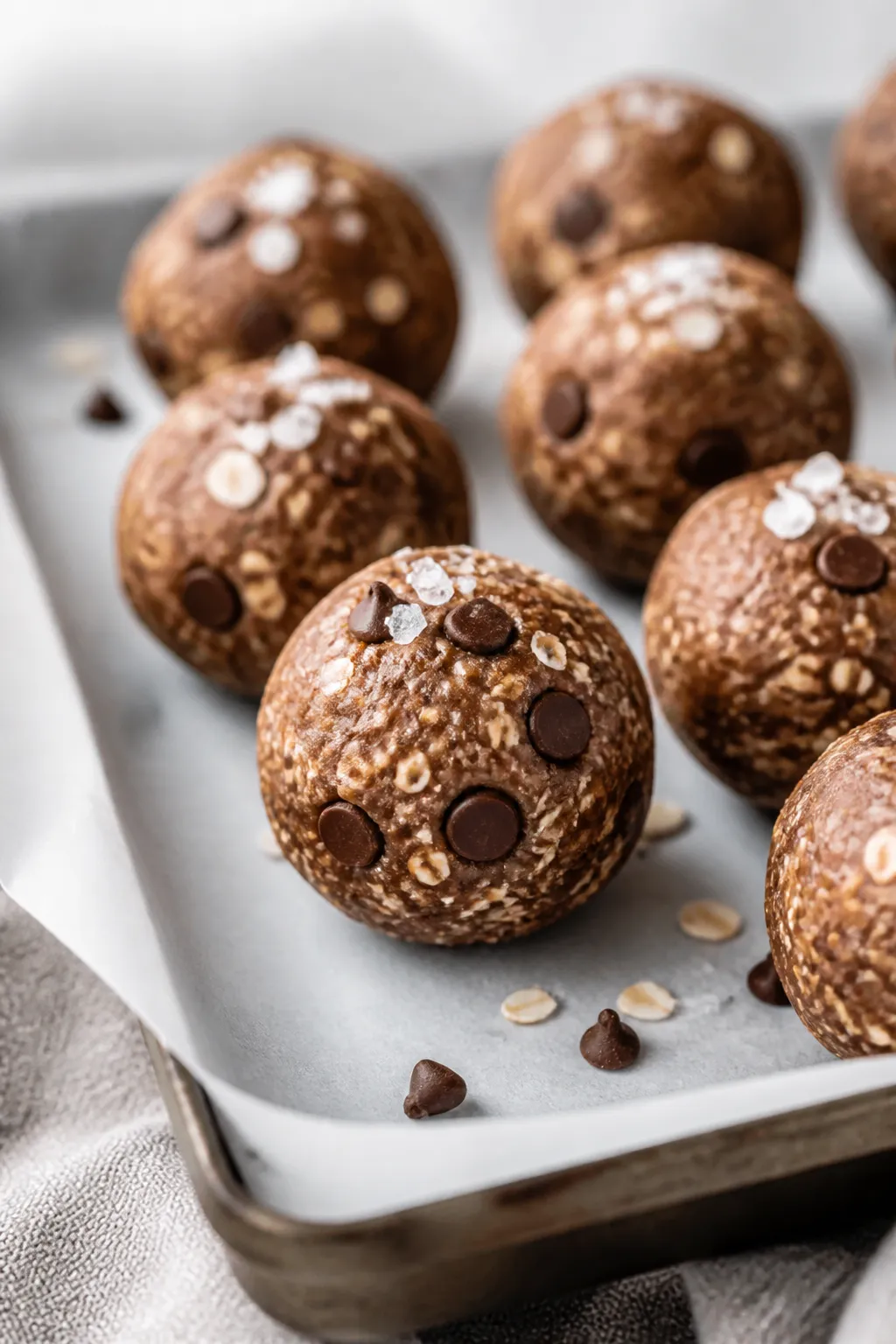 Close-up detail shot: freshly rolled no-bake chocolate peanut butter protein balls resting on a parc