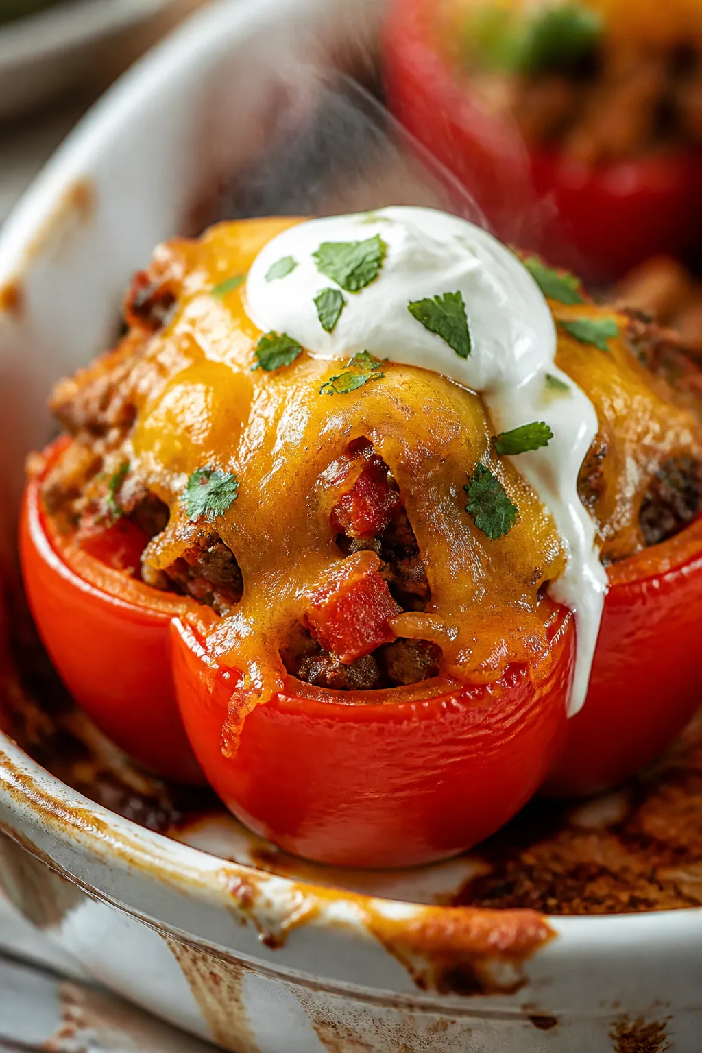 Close-up detail shot: Melted cheddar bubbling and lightly golden over a chili-stuffed red bell peppe