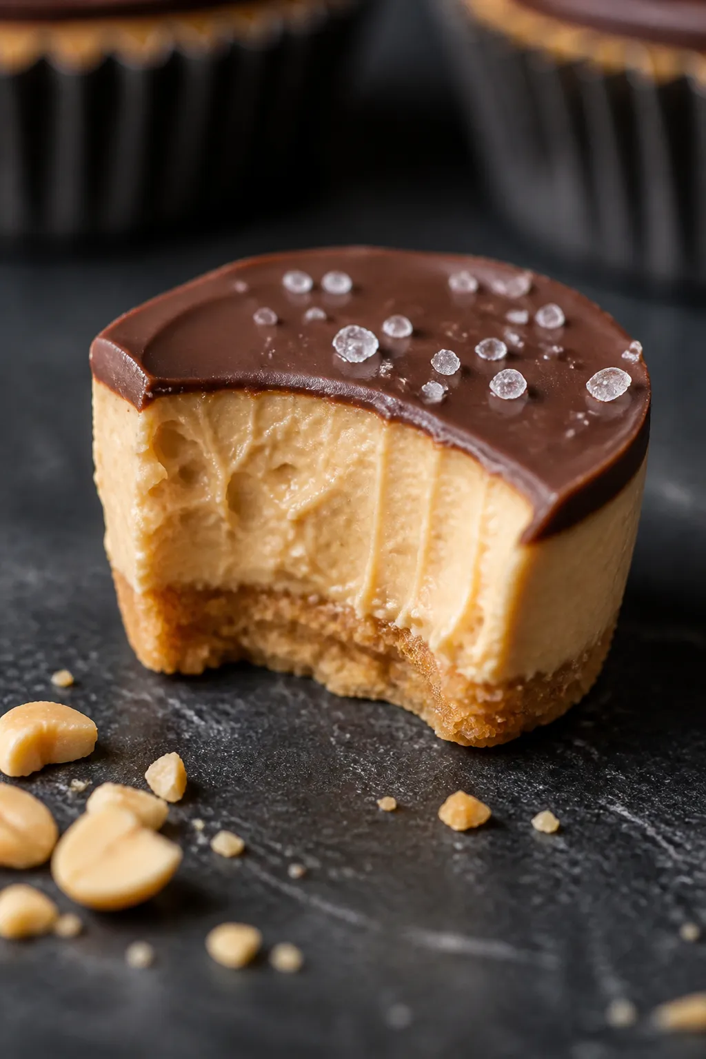 Close-up detail shot of a chilled peanut butter cheesecake bite just out of the mini liner, creamy n