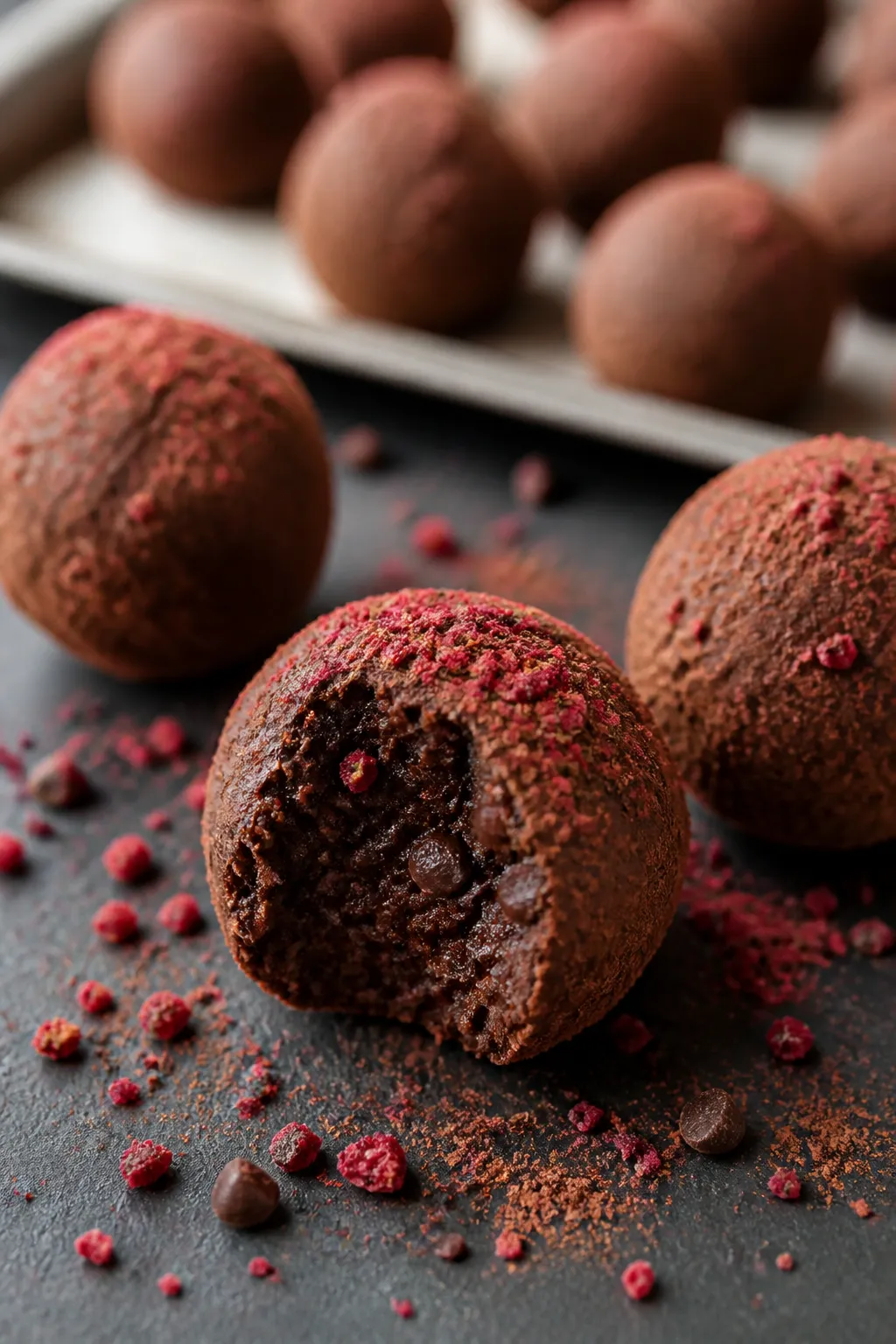 Close-up detail shot of finished keto brownie protein balls being rolled in a fine dusting of unswee