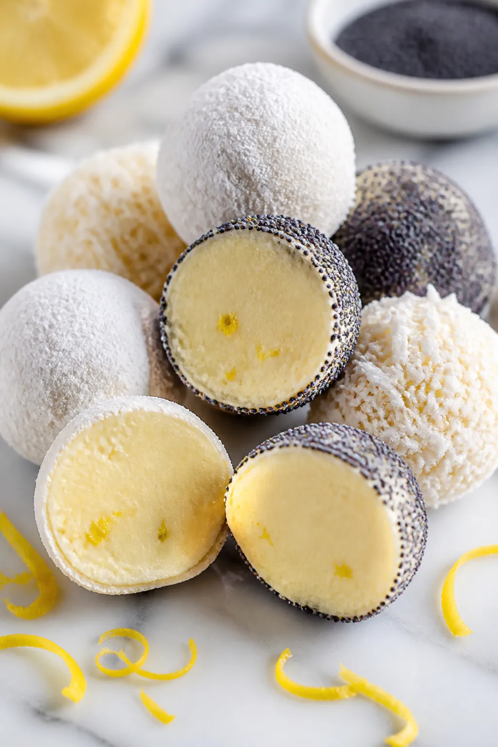 Close-up detail shot of finished keto lemon protein truffles just out of the fridge: a few truffles 