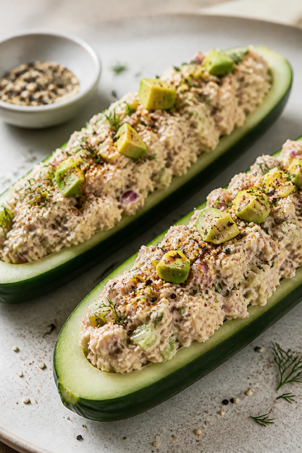 Close-up detail shot of finished Keto Tuna Cucumber Boats just after filling: creamy tuna salad pack