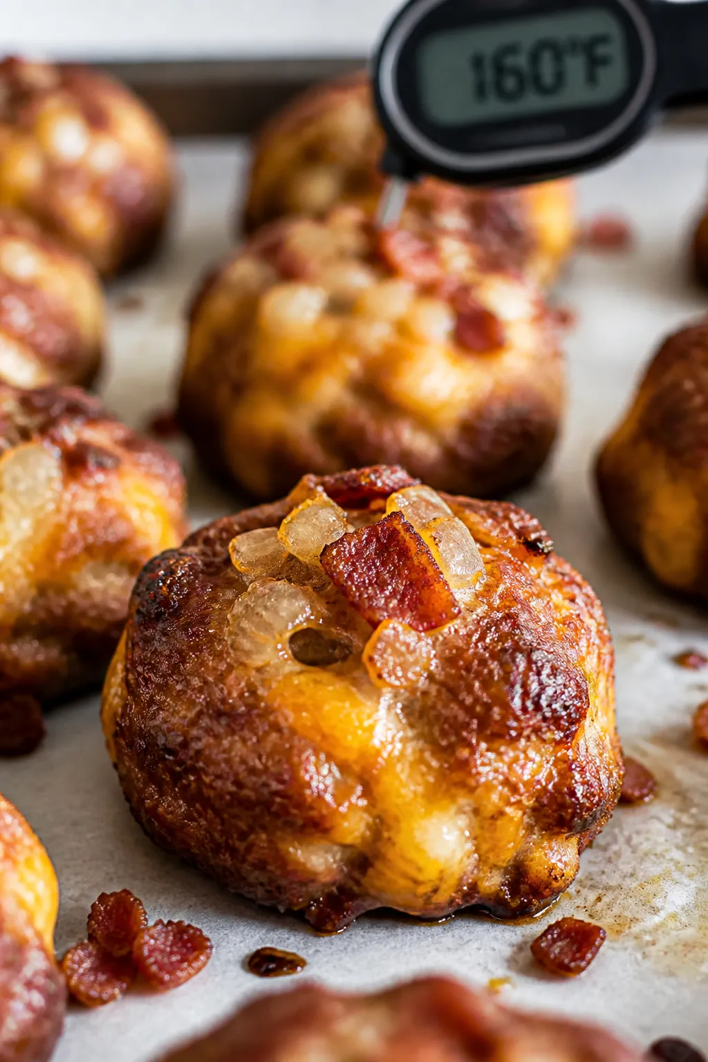 Close-up detail shot of freshly baked Loaded Bacon Cheeseburger Bites resting on a parchment-lined b
