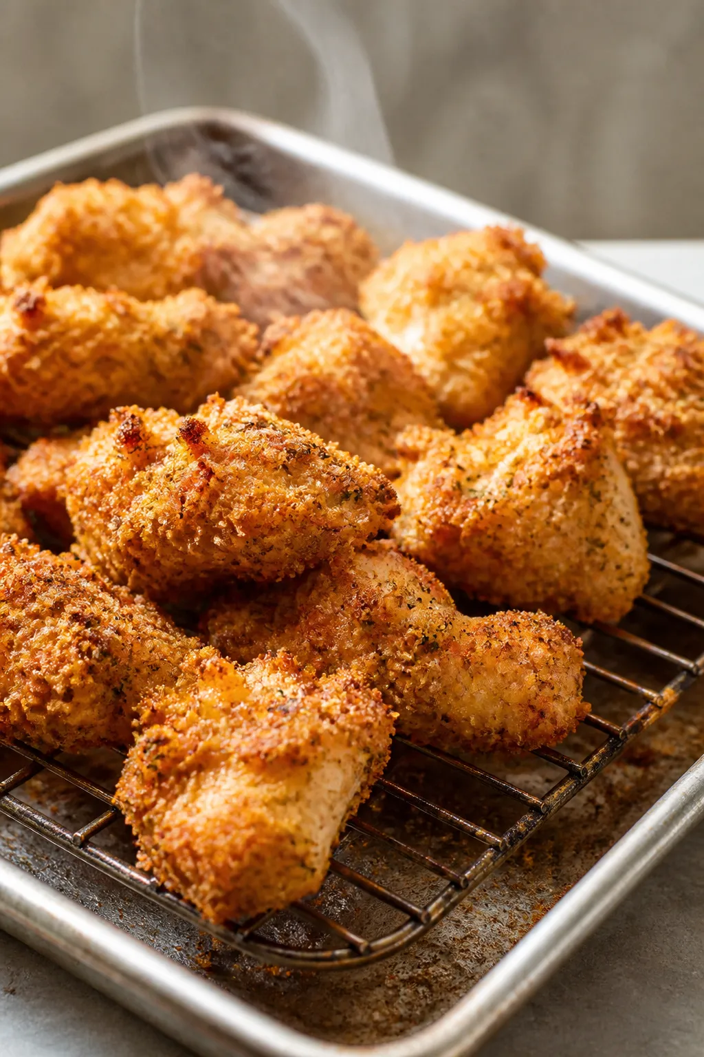 Close-up detail shot of golden-brown air-fried ranch chicken nuggets just out of the basket, steam r