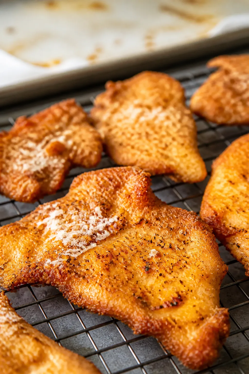 Close-up detail shot of golden-brown keto chicken chips just out of the oven on a wire rack, showing