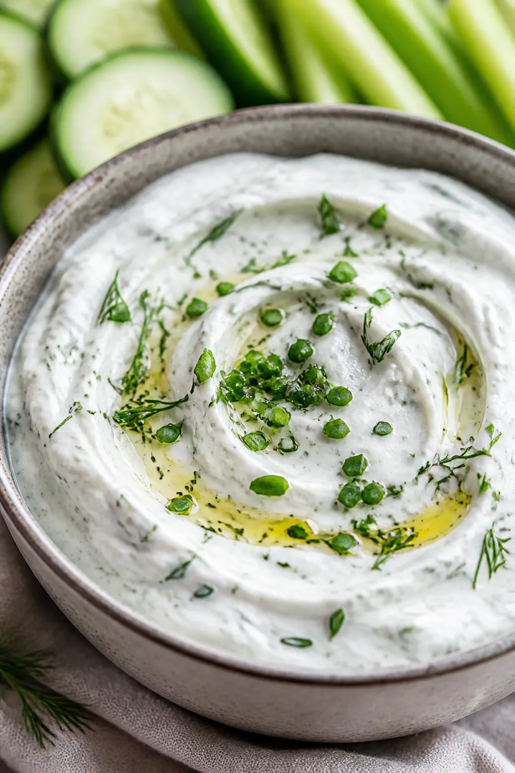 Close-up detail shot of the finished Keto Cottage Cheese Ranch Dip just after chilling: ultra-smooth