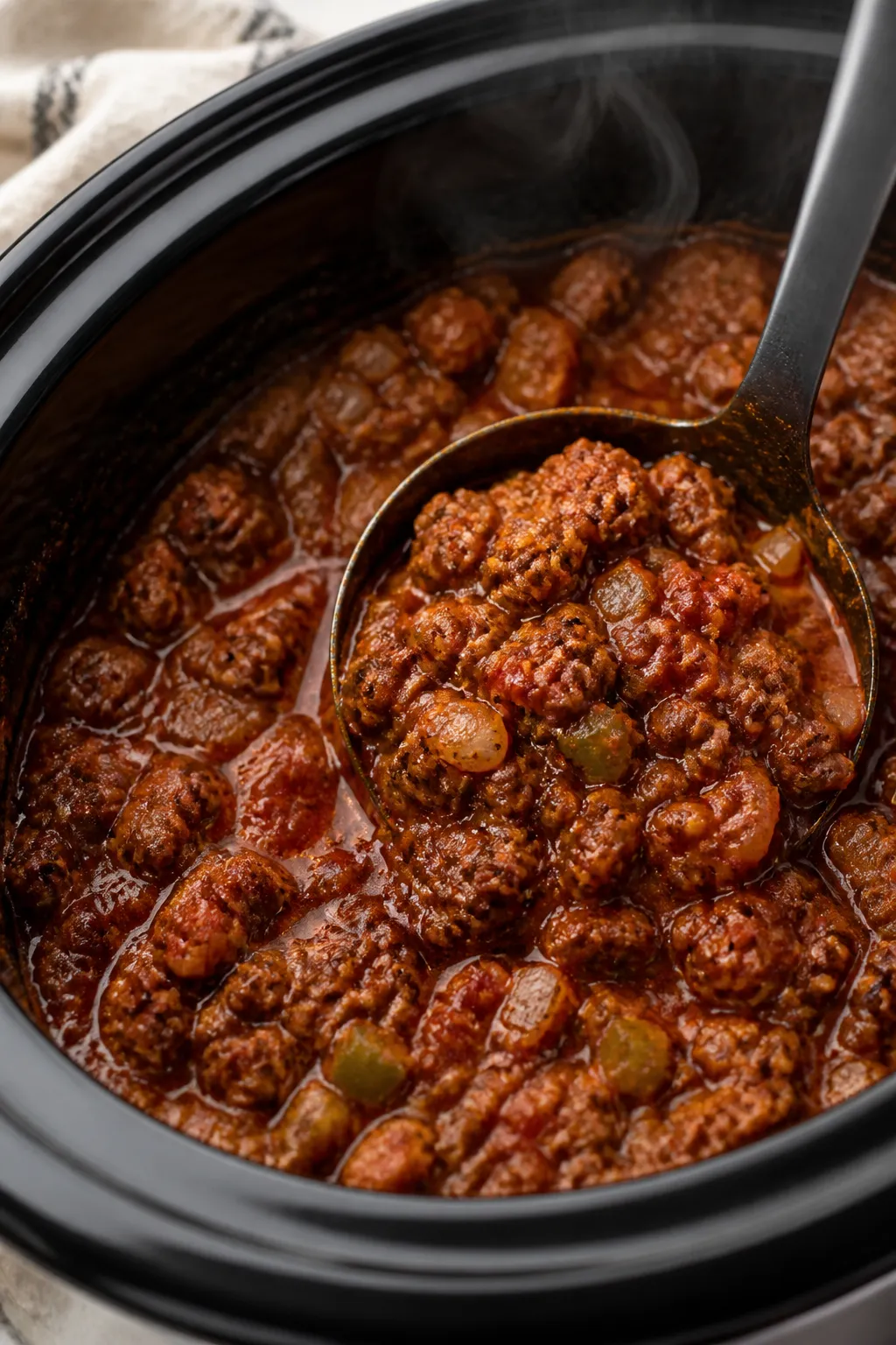 Close-up detail shot: Thick, bean-free keto chili simmering in a slow cooker, surface glistening wit