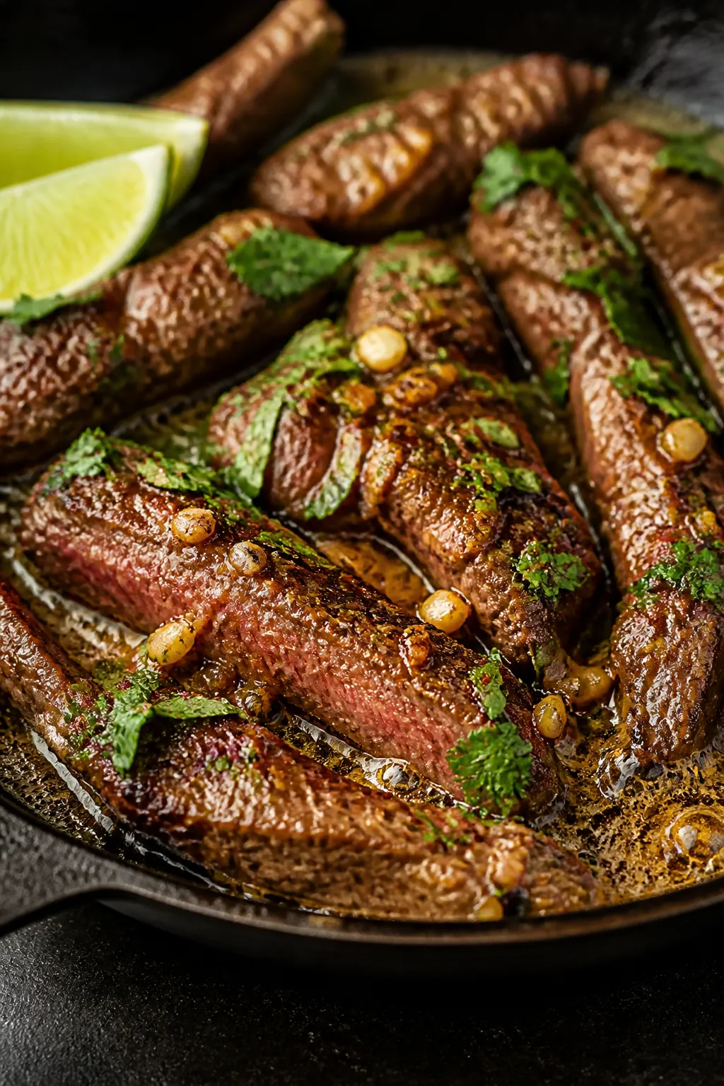 Close-up detail: Sizzling garlic butter steak strips in a cast-iron skillet, browned edges with a sl