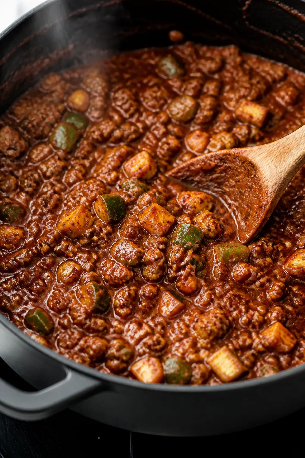 Close-up detail: Thick, simmering keto chili in a matte black Dutch oven, showing glossy, reduced sa
